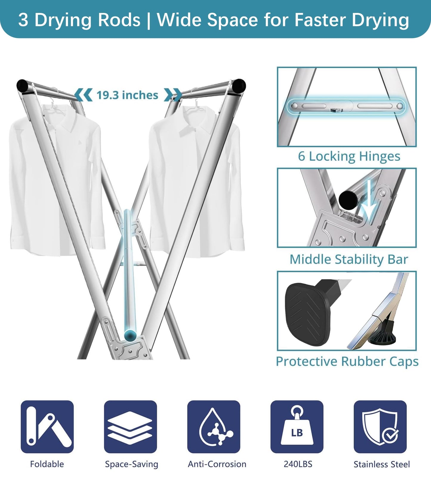 ANJIYP 95 Inch Windproof Clothes Drying Rack, Heavy Duty Stainless Steel Folding Laundry Drying Rack for Indoor Outdoor Use, Collapsible Clothes Rack with 20 Hooks & 12 Clips