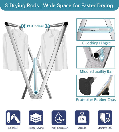 ANJIYP 95 Inch Windproof Clothes Drying Rack, Heavy Duty Stainless Steel Folding Laundry Drying Rack for Indoor Outdoor Use, Collapsible Clothes Rack with 20 Hooks & 12 Clips