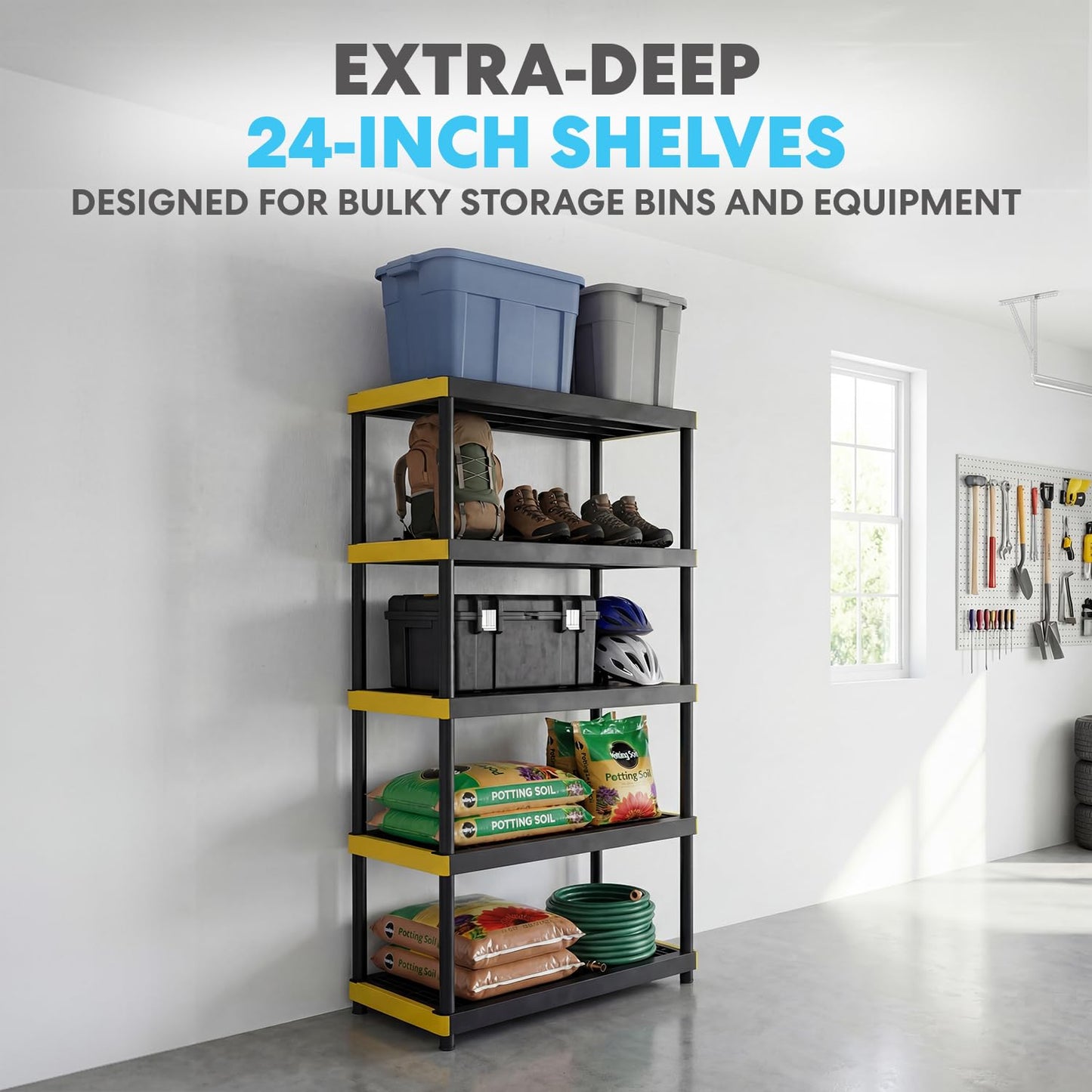 Simpli-Magic 5-Tier Heavy Duty Plastic Storage Shelving Unit, Garage & Outdoor Organizer, Modular Rack, 36 x 24 x 75 Inches, 250 lbs per Shelf, 1250 lbs Total Capacity