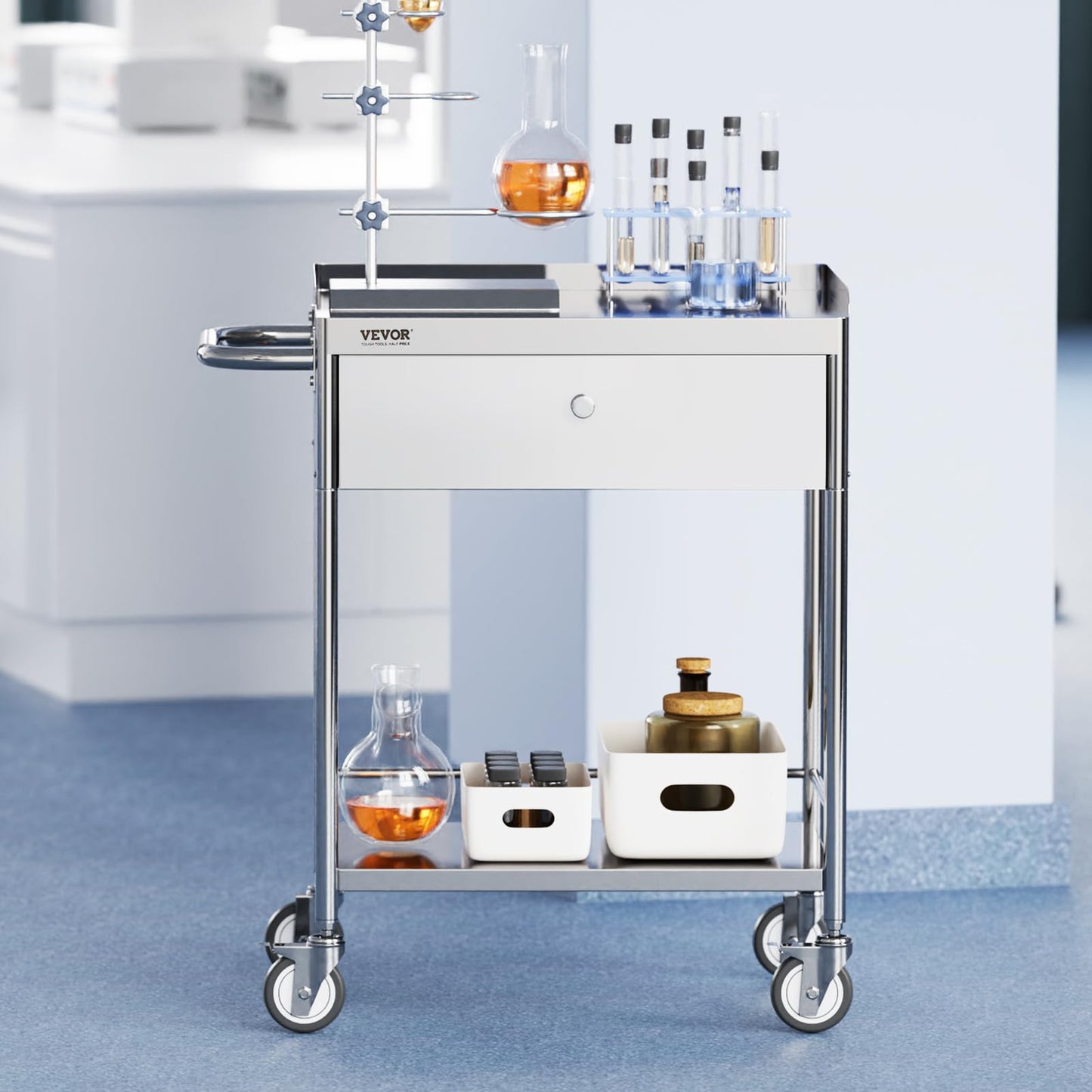 VEVOR Stainless Steel Utility Cart with Wheels - Medical/Dental Lab Cart - 2 Shelves/1 Drawer