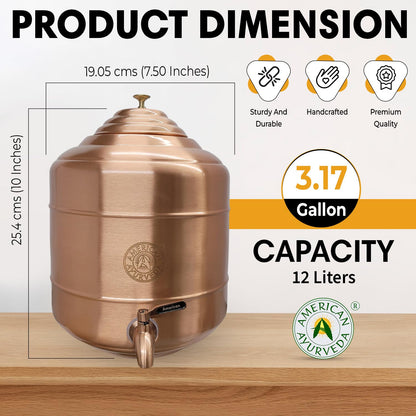 A 100% Pure Copper wer Dispenser Storage Tank Pot, Stainless Steel Faucet spigot and Lid included, Healthy Organic Water Yoga Meditation 3.17 Gallon (12 Liters), 5G-3.17G-1.32G