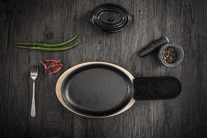 HAWOK Cast Iron Fajita Plate, 15.35''Lx7.09''W, with Bamboo Tray and Handle Holder, Pre-seasoned, Set of 12
