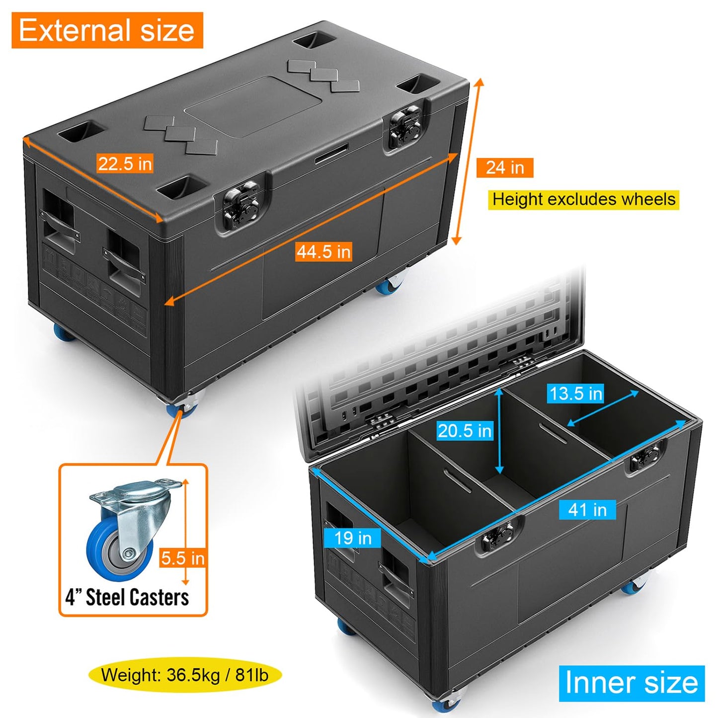 Diandian Cable Trunk Road Case with Wheels and Divider, 44" x 22" x 24" Stackable Heavy Duty ATA Rolling Utility Road Case, for Pro Audio & DJ Equipment Storage, Transport for Touring with Casters