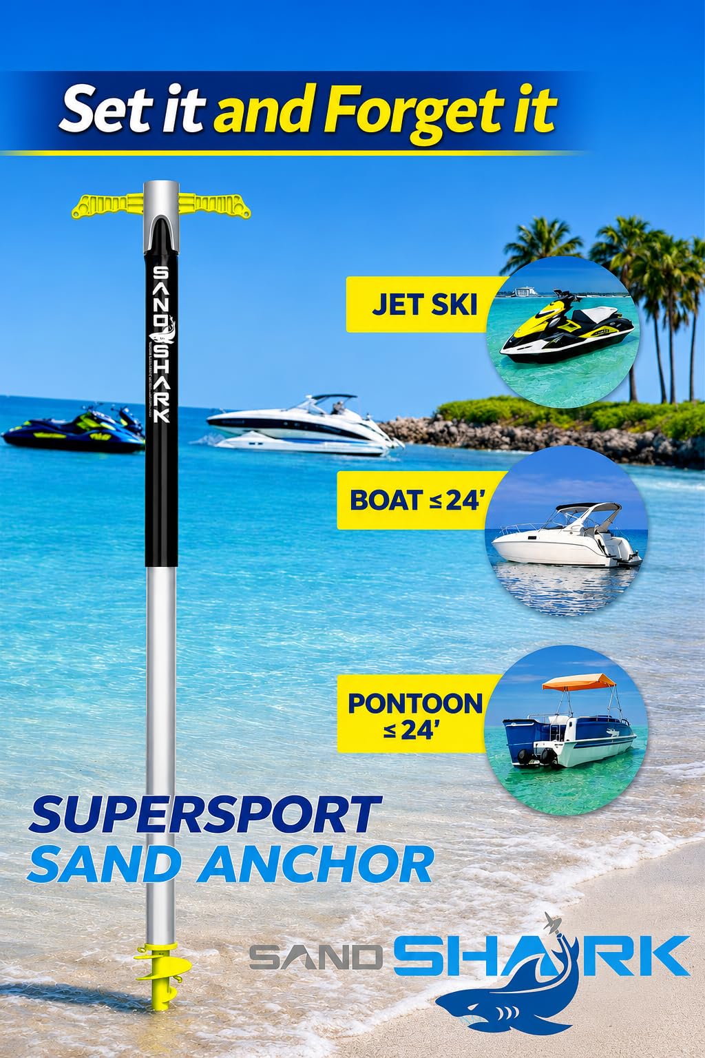 SandShark Patent Pending Supersport 3.0 Boat Anchor - Shallow Water Anchor Pole - Great Jet Ski, PWC, Pontoon Boat Accessories for Beach and Sandbar - Adjusts 29"-48" w/Case