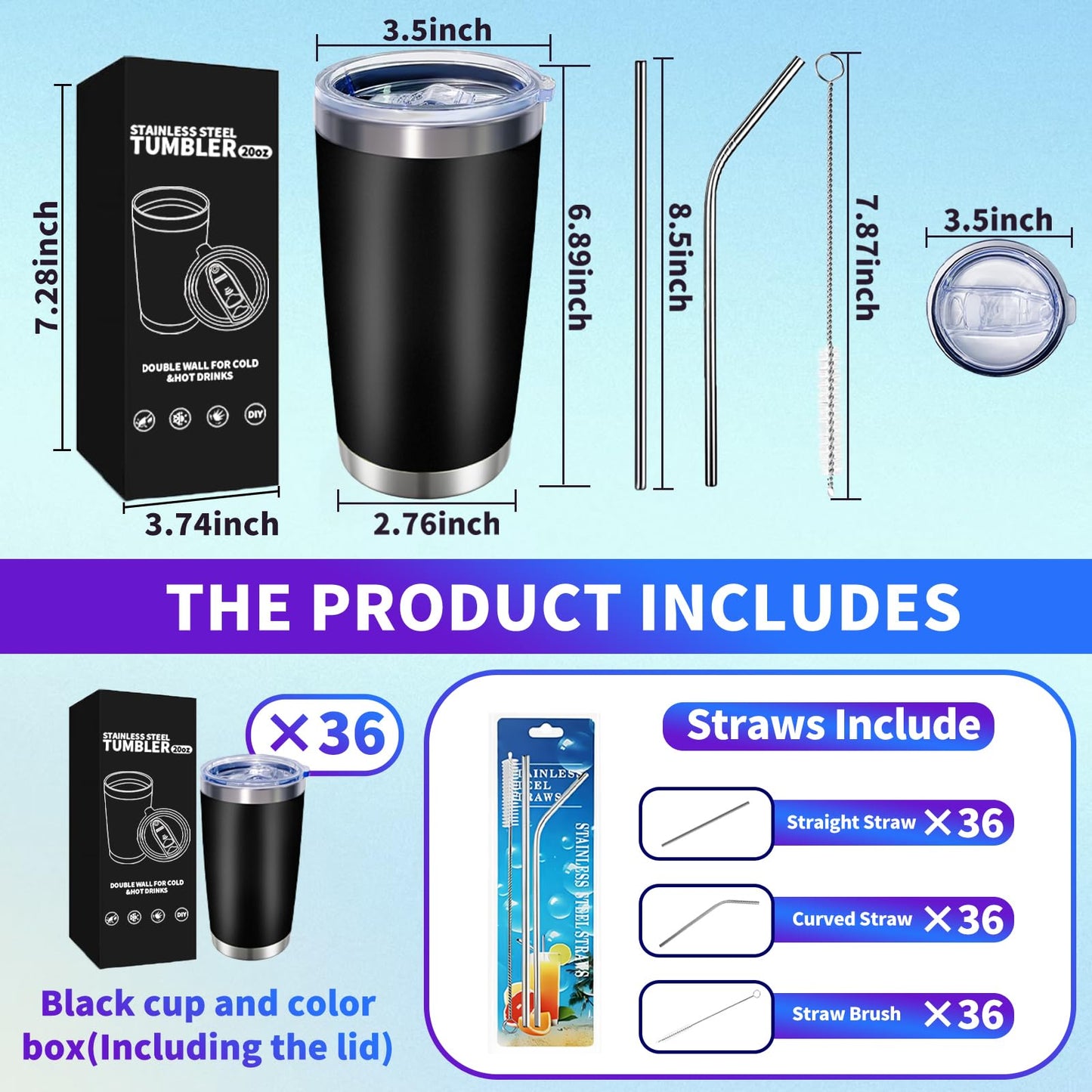 HAOLI 36 Pack, 20oz Stainless Steel Bulk Tumblers with Lids and Straws, Leakproof Double Wall Travel Mug for Hot/Cold Drinks, Home Office Outdoor Party, Durable Powder Coated Insulated Cup/Black