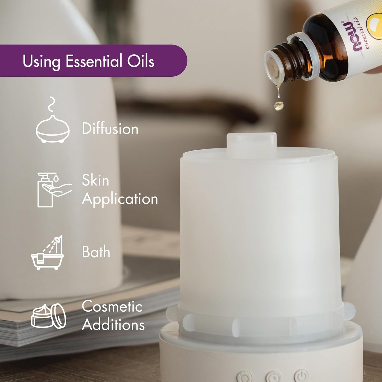 NOW Essential Oils, Metal Touch Ultrasonic Aromatherapy Oil Diffuser, Extremely Quiet and Heat Free, Color Changing LED