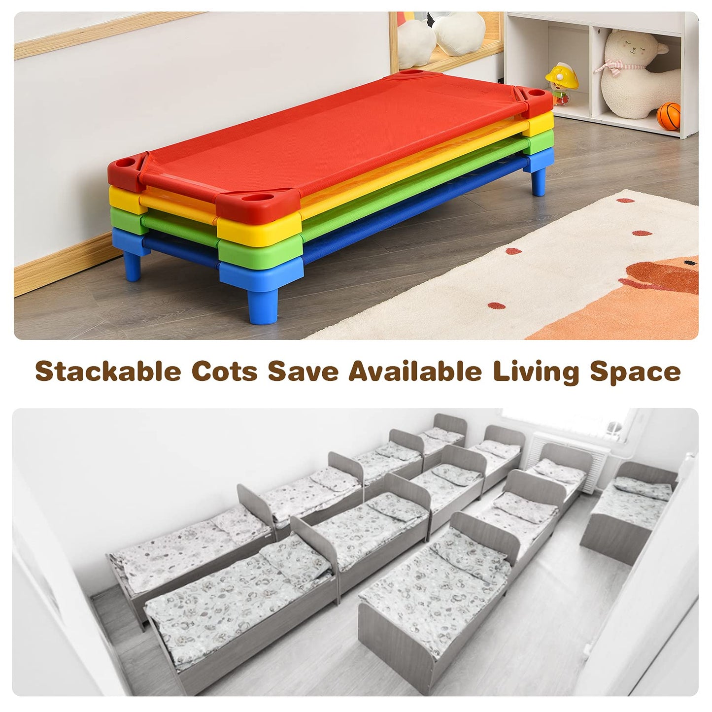 KOTEK Toddler Naptime Cot, Stackable Daycare Sleeping Cot for Kids, 51" L x 23" W, Ready-to-Assemble, Space-Saving Kids Nap Cots for Children Classroom Preschool (Set of 4, Multicolor)