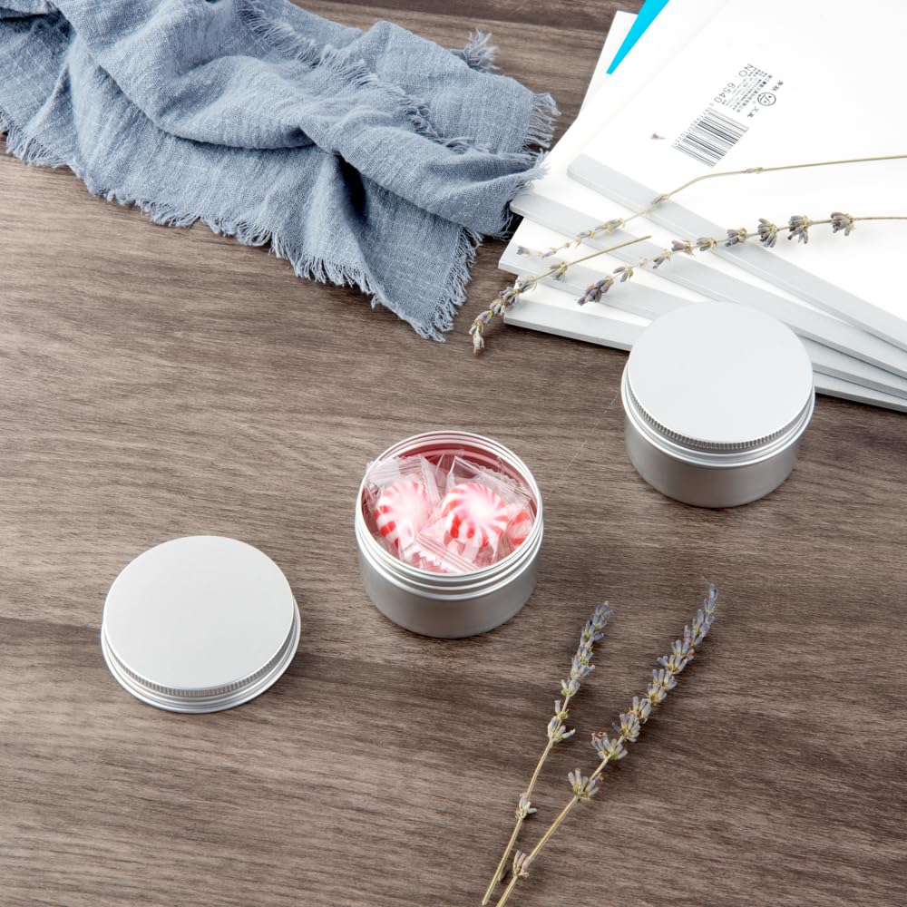 Restaurantware RW Base 4 Ounce Tin Storage Boxes 100 Round Tin Boxes With Lids - Durable Screwable Lids Silver Aluminum Storage Containers Customizable Fits Mints Pills Or Herbs