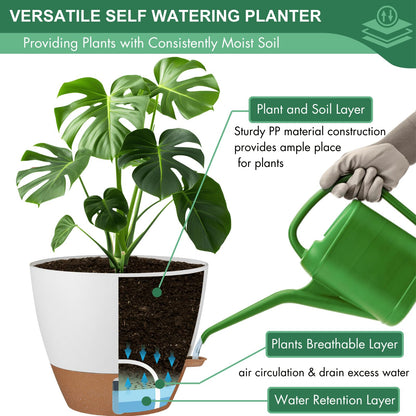 montresor 2 Pack 10 inch Plant Pots, PP Plastic Self Watering Plant Pot with Drainage and Tray for Indoor Outdoor Plants, Water Level Window & Reservoir Flower Pots Decorative Planter (White)