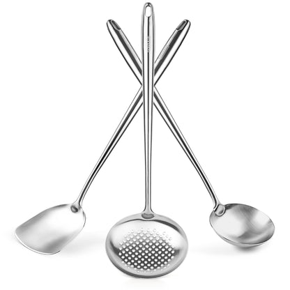 YOSUKATA Carbon Steel 11.8" Stir Fry Wok Pan - Pre-Seasoned Chinese Wok with Flat Bottom + 17" Wok Spatula and Ladle Skimmer Spoon + Reusable Natural Wooden Long Cooking Chopsticks Set of 3 pairs
