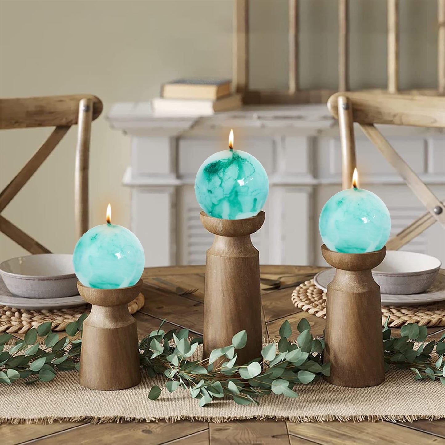 MAITREYA Tie dye Rustic Round Pillar Candles-Unscented Decoration Candles Set of 3-Clean Burning Drisspless Dinner Candles of Home Decor Party(Teal)