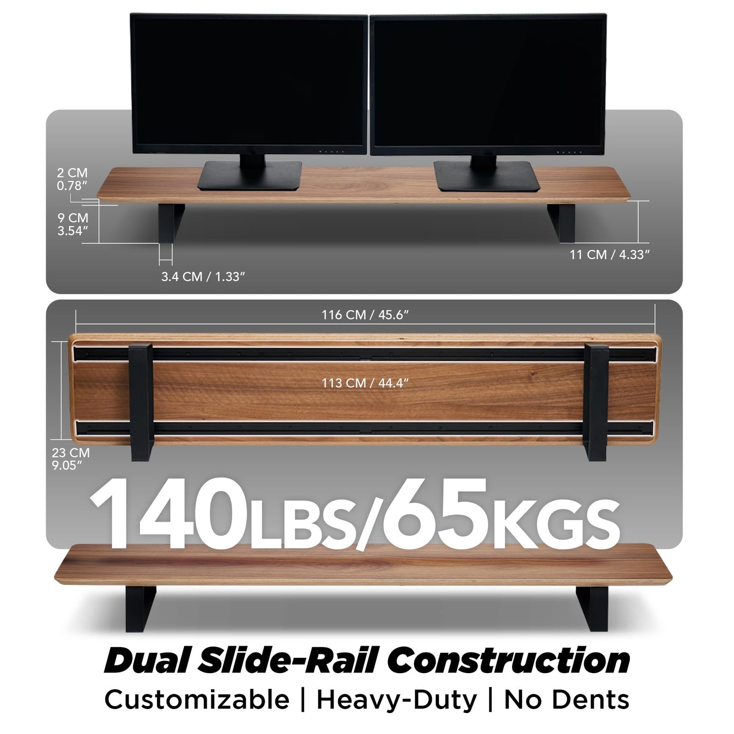 ULTRARM Moodular Wooden Monitor Stand 45.6” (116cm) Large Desk Organizer with Metal Slide Rails for Drawer, Tray, Laptop, Tablet, Phone & Headphones Customizable Riser for Organized Workspace Walnut