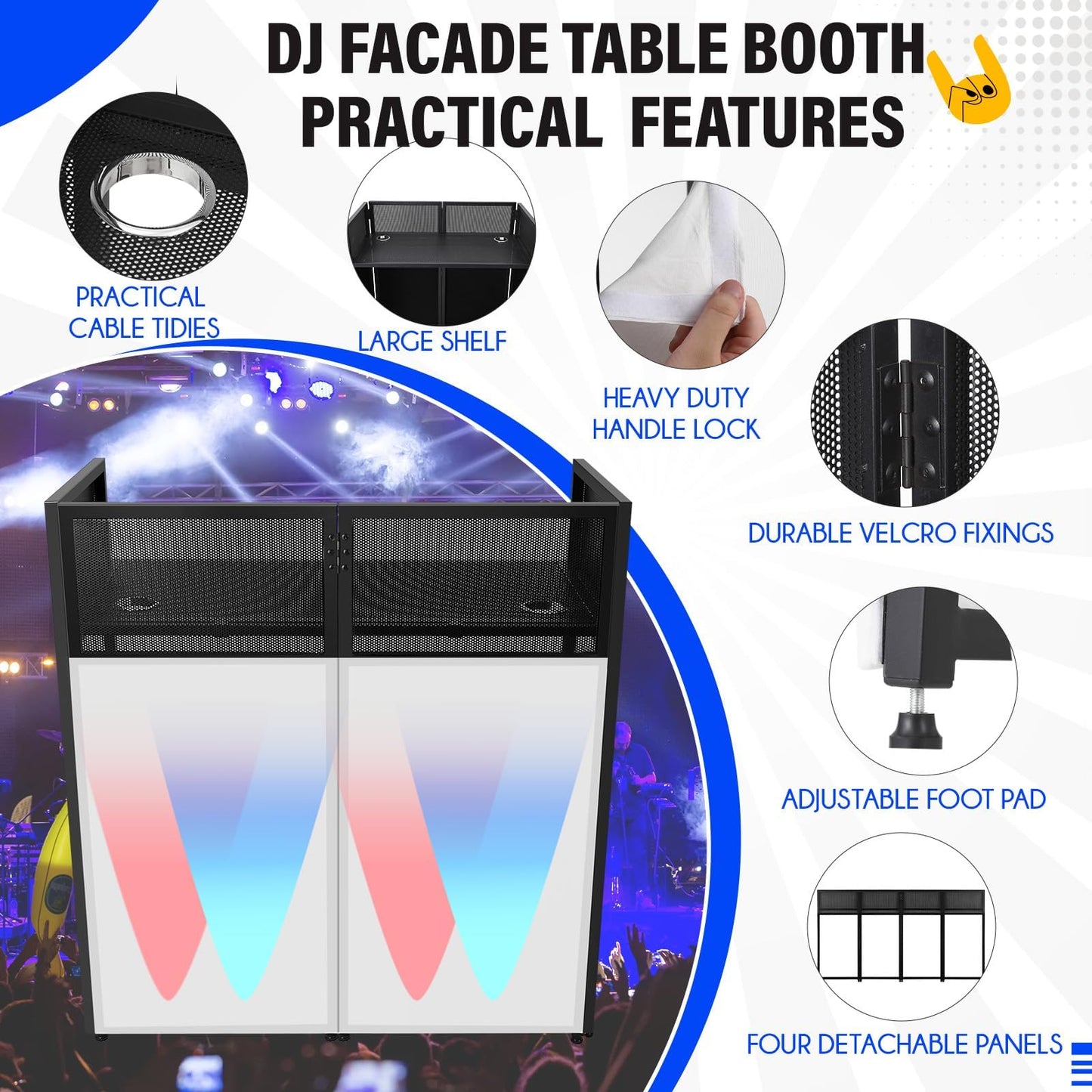 DJ Facade Portable Booth Table with White & Black Lighting Scrim,50" L X 25" W DJ Stand Booth,Foldable DJ Table Station with Adjustable DJ Event Facade Feet for Party, Black Metal Frame