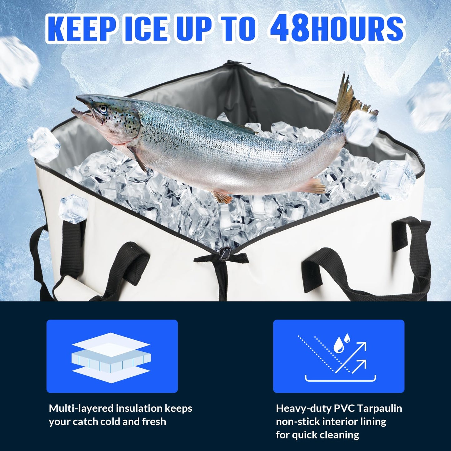 THKFISH Fish Cooler Bag Insulated Fish Kill Bag for Caught Fishing, 60x20x9in Waterproof Fishing Catch Bags with Smooth Water-Resistant Zipper Keep Ice-Cold & Fresh Over 48H