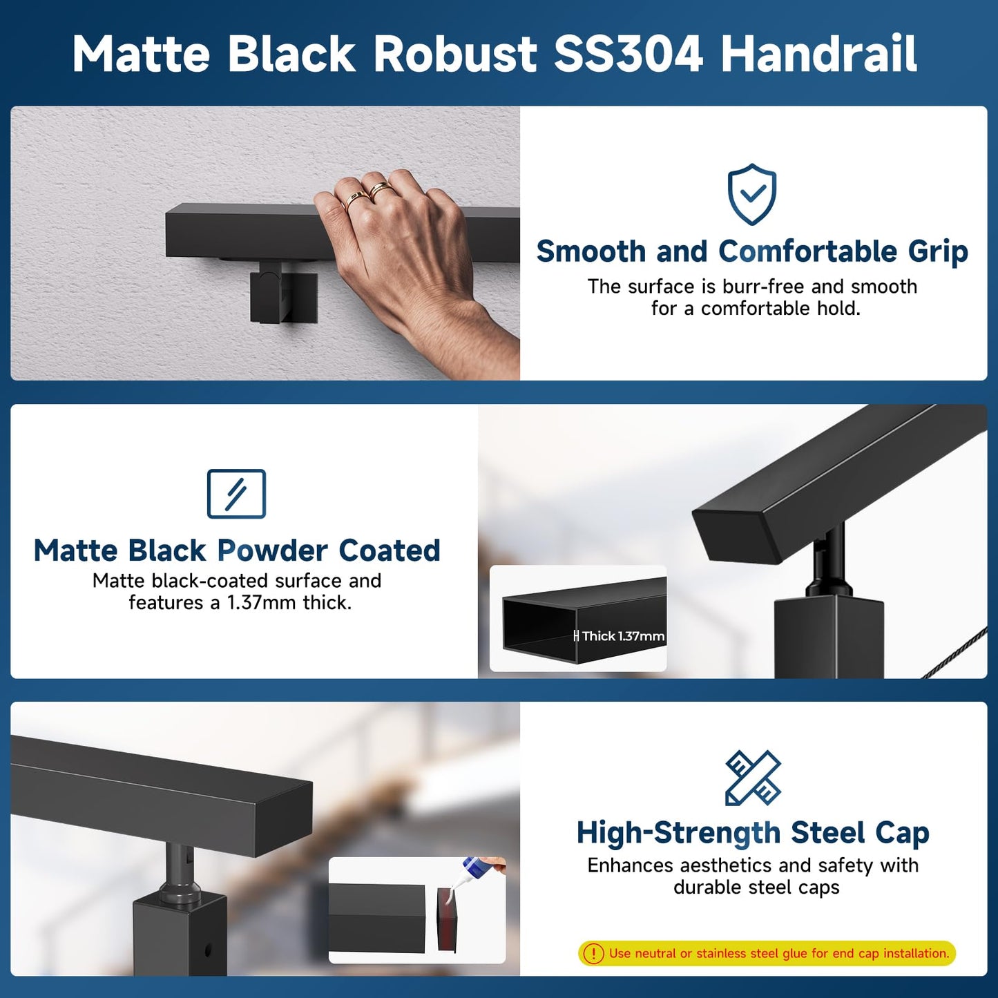 Gyykzz 8FT Stainless Steel 304 Handrail Black 3Pack, Rectangular Handrail Flat Top Rail with SS304 End Cap and POM Connecting Blocks for Indoor Outdoor Deck Stair Cable Railing System DIY Balustrade