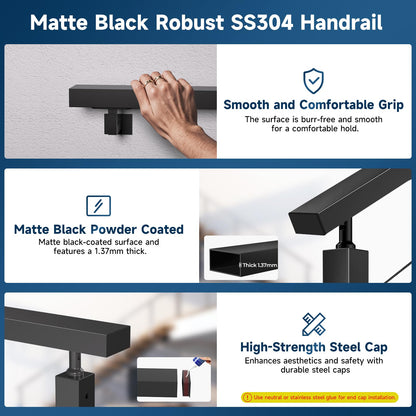 Gyykzz 8FT Stainless Steel 304 Handrail Black 3Pack, Rectangular Handrail Flat Top Rail with SS304 End Cap and POM Connecting Blocks for Indoor Outdoor Deck Stair Cable Railing System DIY Balustrade