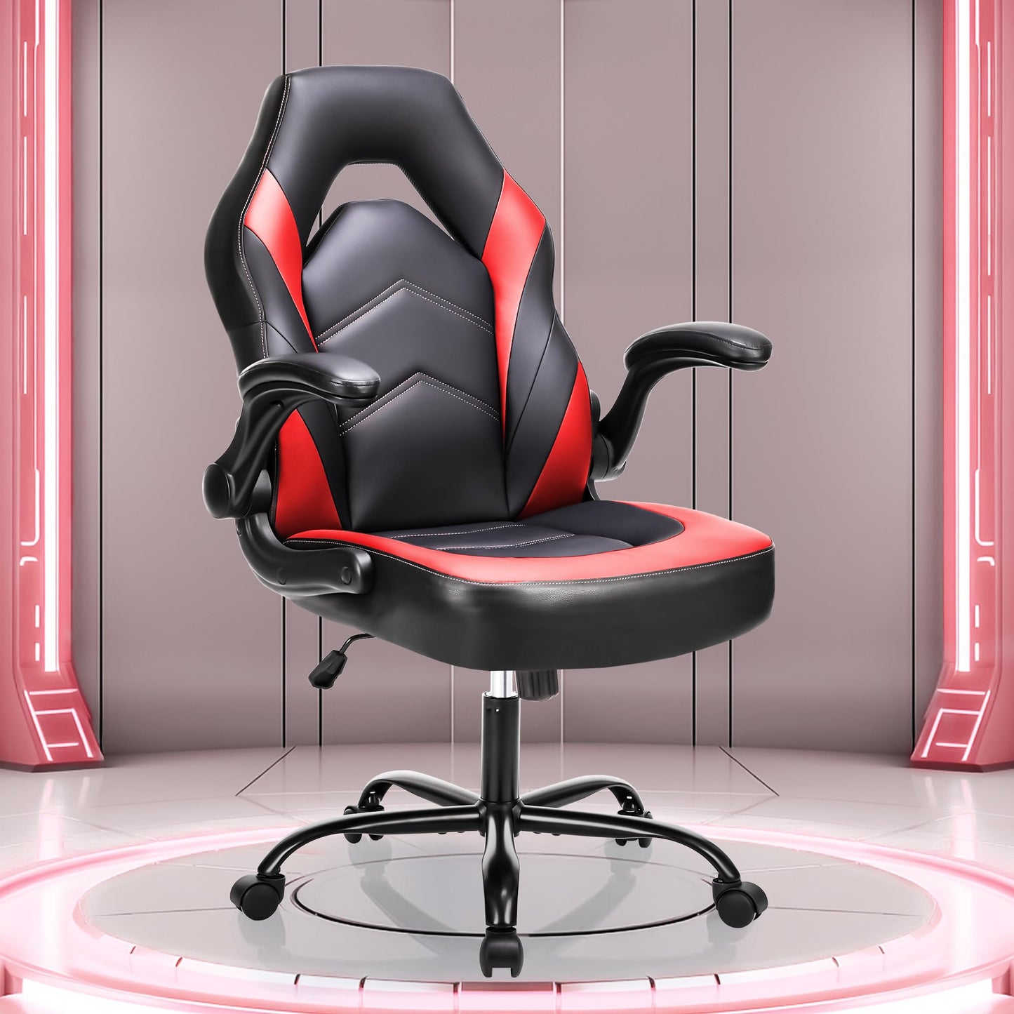 OLIXIS PU Leather Height Adjustable Computer Chair - Big and Tall Ergonomic Comfy Back Support Gaming Chair with Flip-up Armrest and 360° Swivel Wheels, for Home and Office, Red
