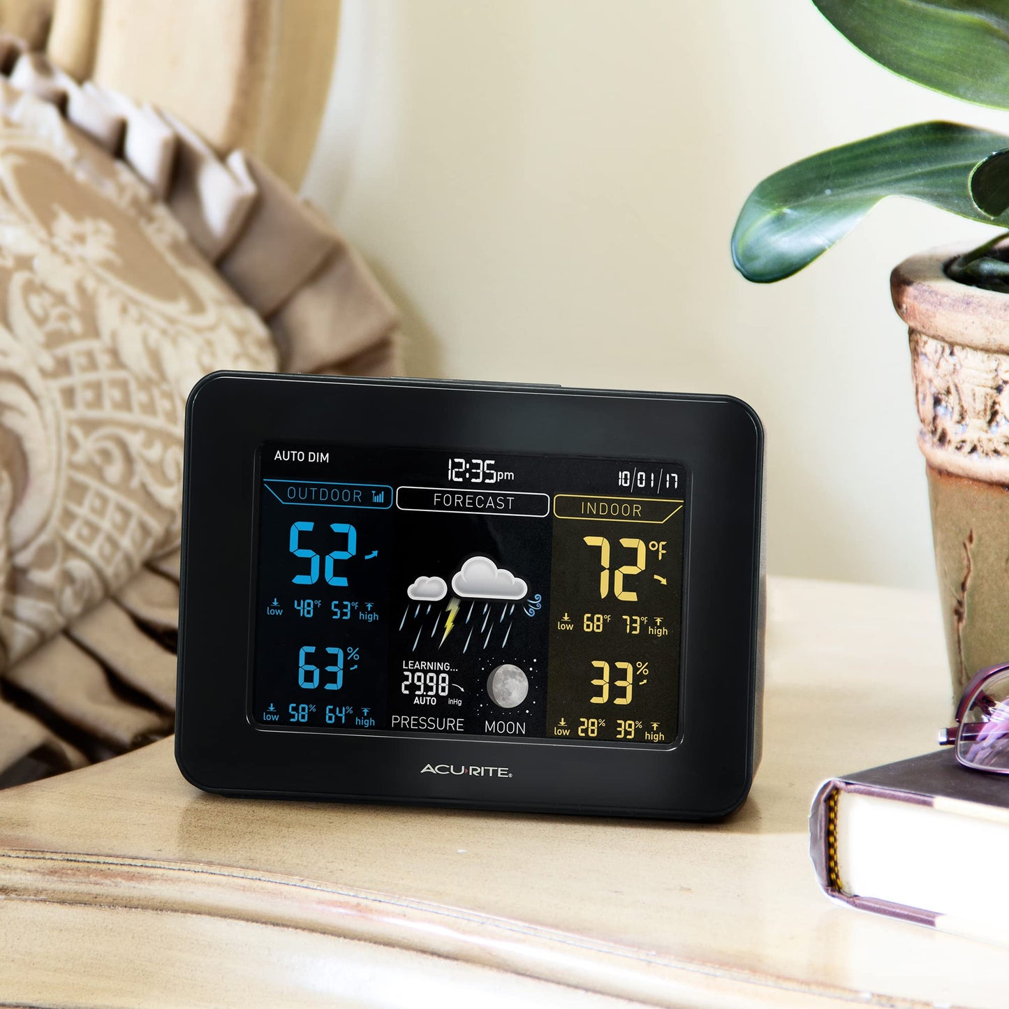 AcuRite 02027AIM Color Weather Station with High Low Temperature and Humidity with Moon Phase, Dark Themed , Black Display