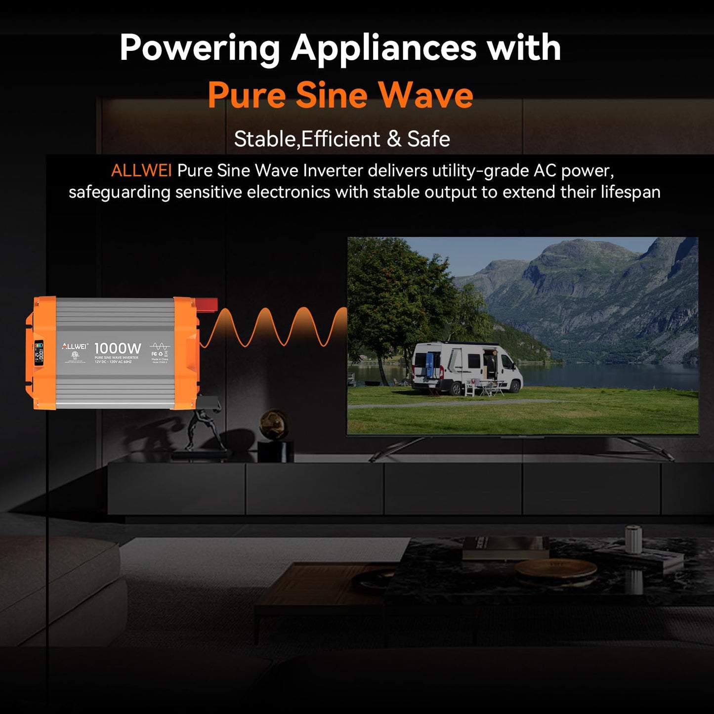 ALLWEI Pure Sine Wave Inverter - 1000 Watt Inverter 12V DC to 120V AC Converter for Home, RV, Truck, Off-Grid Solar Power Inverters for Vehicles, Car Power Inverters with 2 Sockets, 2000W Peak