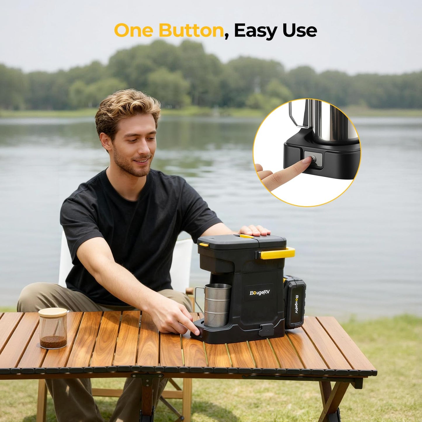 BougeRV Coffee Maker with 18V 8Ah Battery Powered Compatible with K Cup Coffee Pods & Ground Coffee, Portable Coffee Maker Cordless with AC/DC Power for Travel, Camping, Outdoor, Jobsite, RV, Home