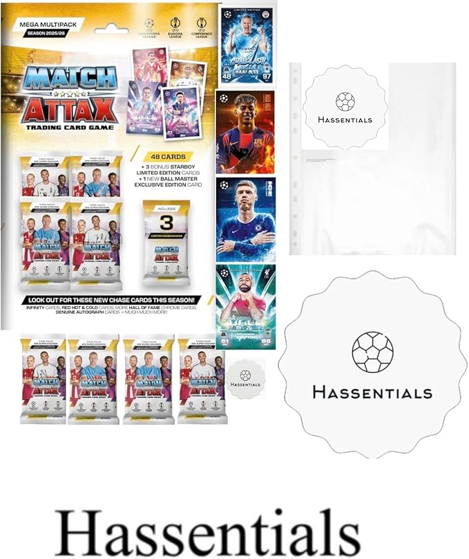 Match Attax New Mega Multipack 25/26 Soccer Cards Includes 48 Cards + 3 LE Cards + Bundle with Hassentials Sticker 2026 Soccer Cards