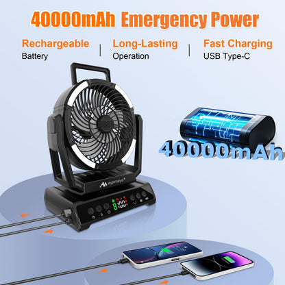 AYAMAYA 2 Pack Camping Fans, 26000mAh Solar Fan with LED Lantern with 180° Oscillation, 4 Speed, 40000mAh Rechargeable Fan for Camping