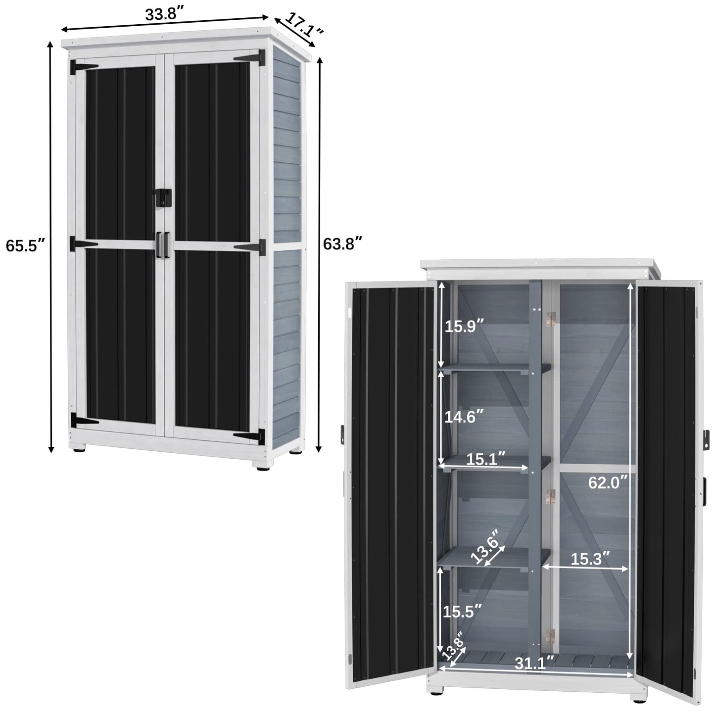 GDLF Outdoor Storage Cabinet Wood & Metal Garden Shed with Waterproof Roof and Sturdy Lockable Doors 66"
