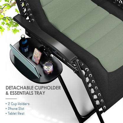 Nestl Outdoor Padded Zero Gravity Chair Set of 2, Patio Lounge Chair Outdoor Recliner, Oversized Anti Gravity Lounger with Adjustable Headrest and Cup Holder, Foldable for Camping- Black/Sage Green