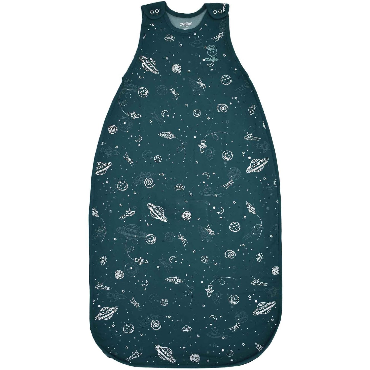 Woolino Big Kid Sleeping Bag, 4 Season Baby Sleep Sack, Merino Wool and Organic Cotton Wearable Blanket, 4-6 Years, Space (Glow In The Dark)