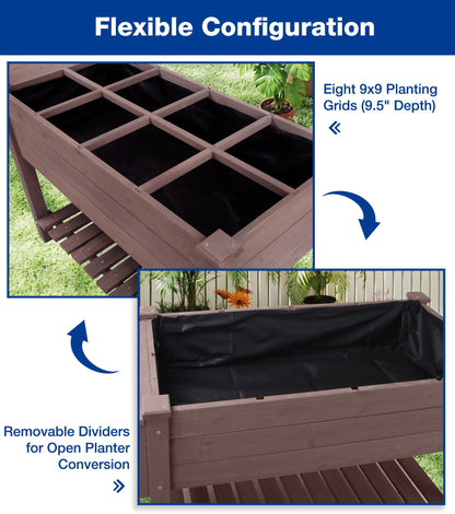 Joyqinchen Raised Garden Bed Outdoor with Wheels, 52.7" Elevated Wooden Garden Bed with 8 Planter Boxes, Removable Dividers, Storage Shelf, Standing Mobile Planter with Non-Woven Liner