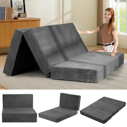 feliz home 6-Inch Tri-Folding Mattress Queen Size - Foldable Futon Sofa Bed with Removable Washable Cover, Folding Futon Mattress | Non-Slip Bottom & Carry Handles for Guest, Camping, Dorm