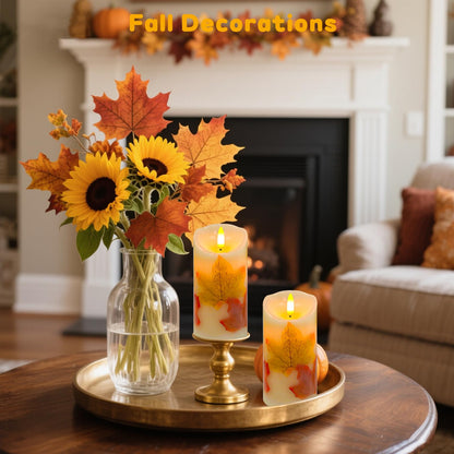 Flameless Candles Light, Set of 2 6"x3" Maple Leaf Flickering LED Candles with Remote & Timer, Dimmable Electric Pillar Candles Battery Operated, Fall Candles for Thanksgiving Harvest Autumn Decor