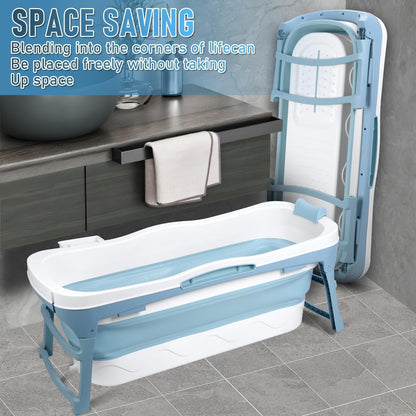 51" Large Foldable Portable Bathtub for Adults | Collapsible Bathtub with Dual Drains[Smooth Drain] | Folding Bath Tub for Shower Stall | Soaking Tub for Bathroom | Ice Hot Bath Tubs Blue