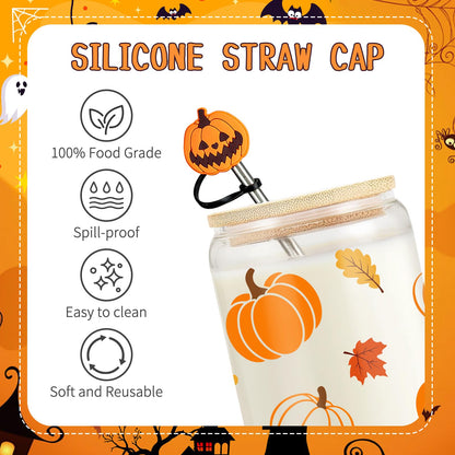 Frerdui Halloween Pumpkin Coffee Cup - 16 Oz Pumpkins Fall Mug, Iced Coffee Glass Tumbler Glass Cups W/Lids Straws, Cute Halloween Fall Gifts for Women Teens Girl