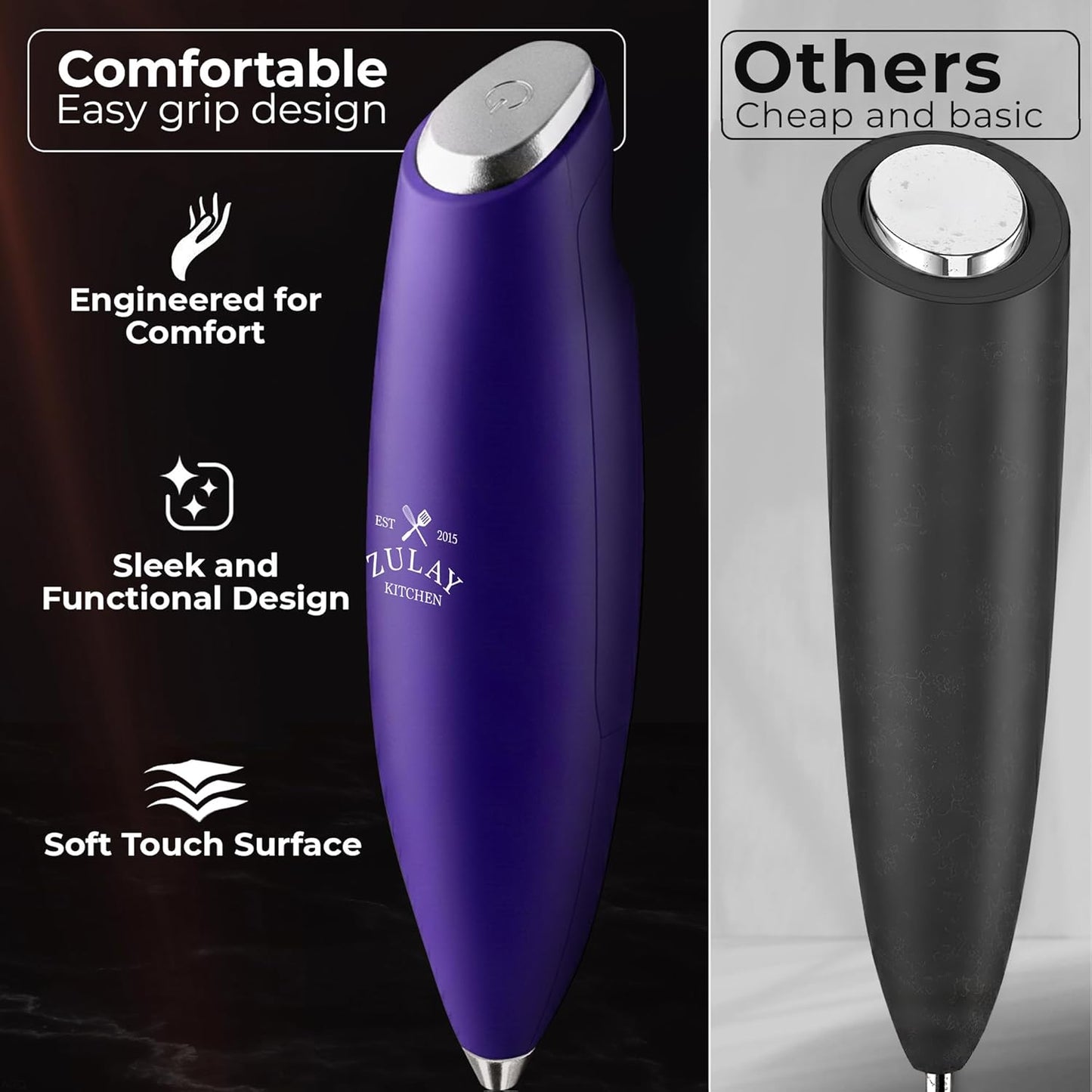 Zulay Kitchen Tornado Triple Whisk Milk Frother - Handheld Foam Maker for Coffee & Lattes | Includes 4 Duracell Batteries - Purple
