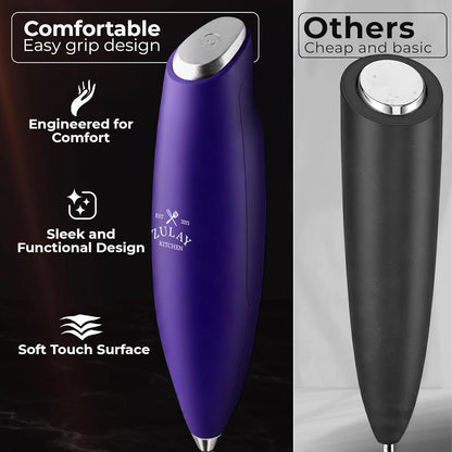 Zulay Kitchen Tornado Triple Whisk Milk Frother - Handheld Foam Maker for Coffee & Lattes | Includes 4 Duracell Batteries - Purple