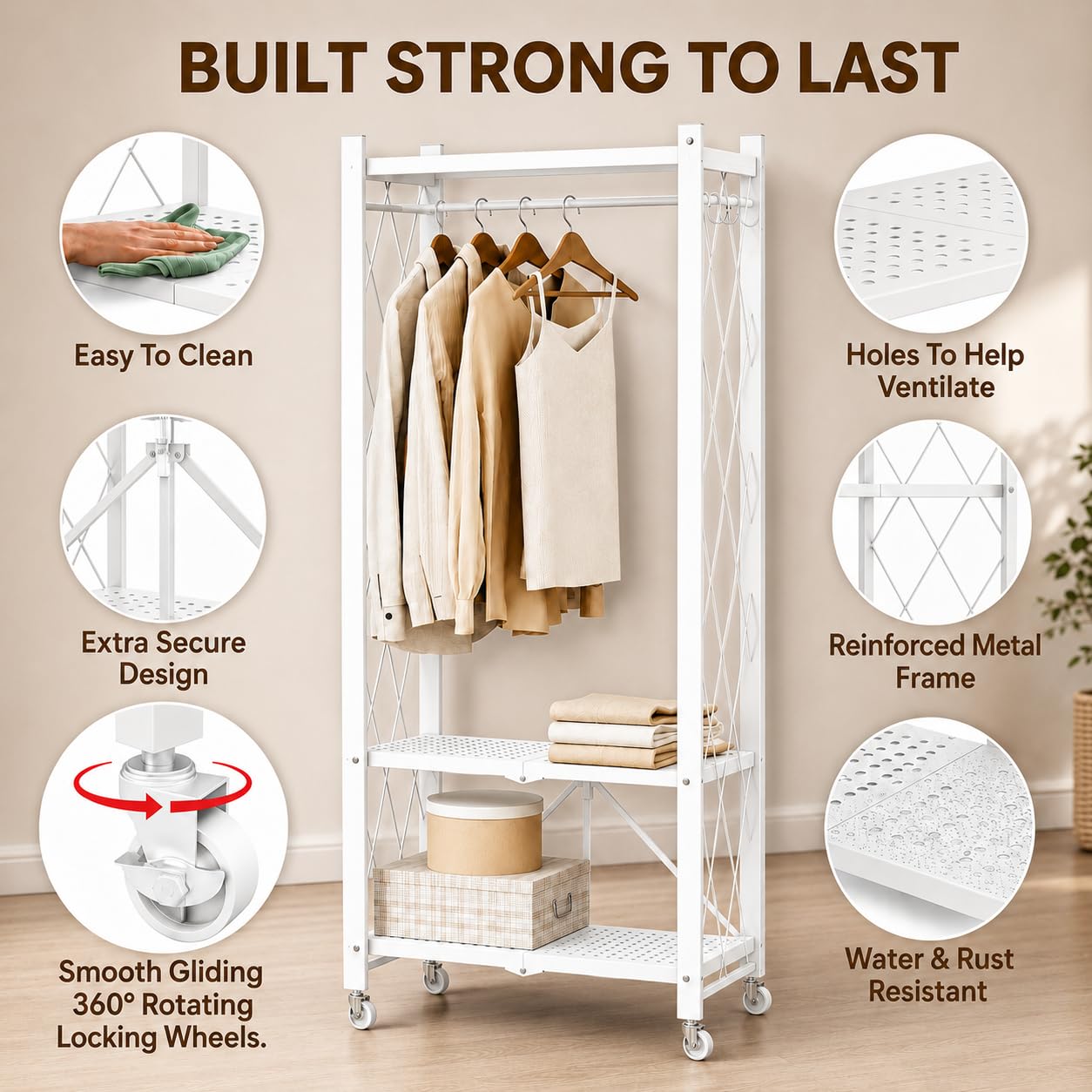Sharkwave Living Foldable Clothing Rack with Wheels, Portable Folding Clothes Rack Organizer with Shelves and Side Hooks, Collapsible Wardrobe Closet for Bedroom or Laundry Room，White