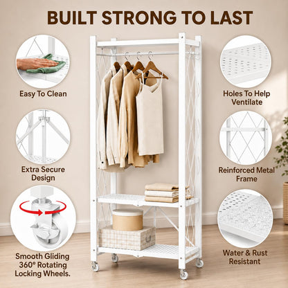 Sharkwave Living Foldable Clothing Rack with Wheels, Portable Folding Clothes Rack Organizer with Shelves and Side Hooks, Collapsible Wardrobe Closet for Bedroom or Laundry Room，White