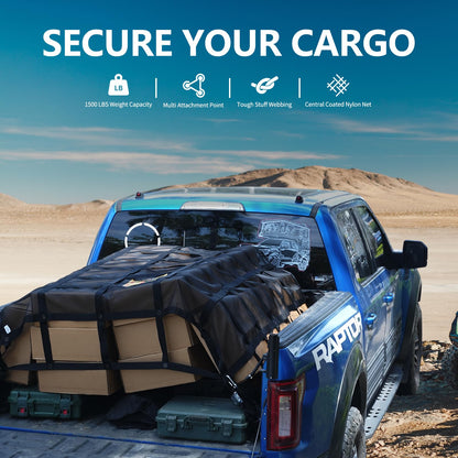 Tecoom Cargo Net with Mesh, 8.4 x 7.51ft 1,500 LBS Capacity Truck Bed Net for Trailer, Trucks, Boat, Jeep, Pickup, Heavy Duty Cargo Net with Adjustable Cam Buckles & S-Hooks & Cross Strap