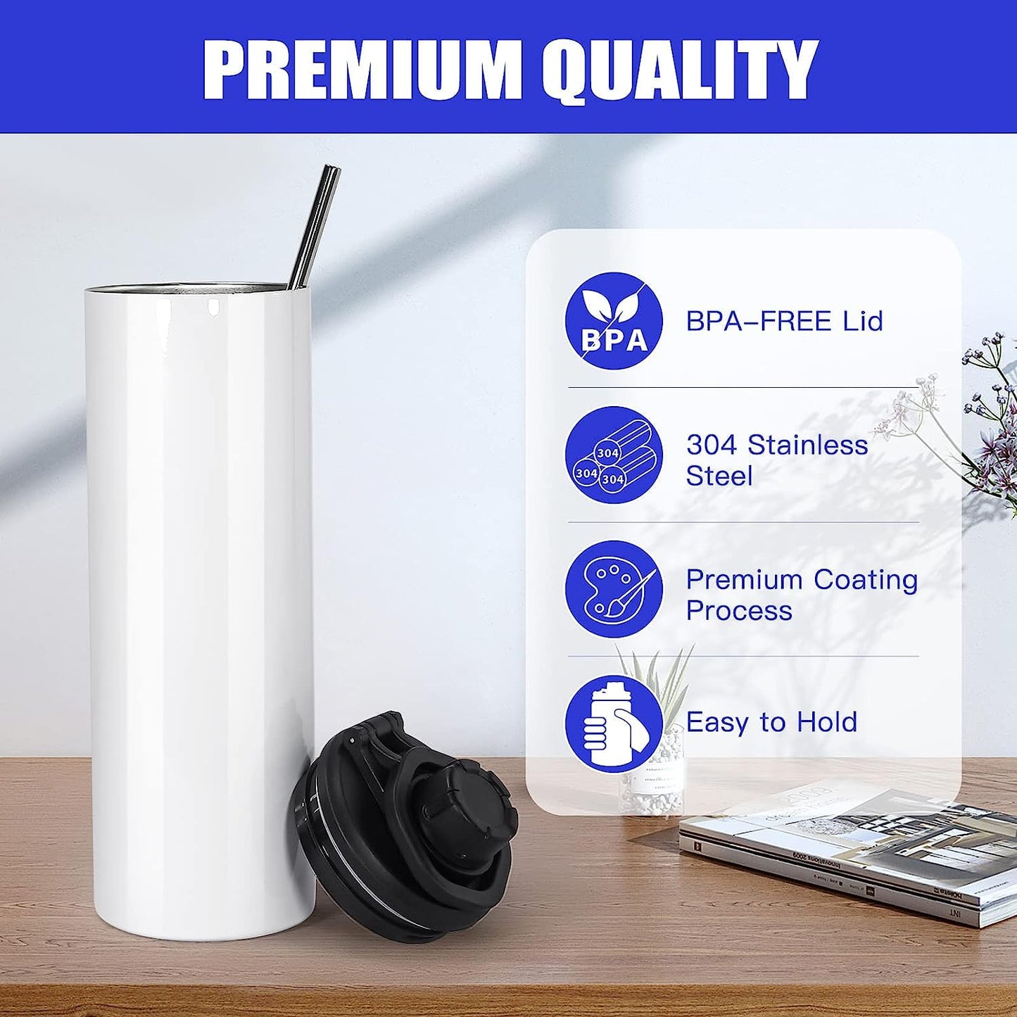 FECBK 30 Pack Sublimation Water Bottle Blanks 20 oz Sublimation Sports Water Bottle with Handle Stainless Steel Sublimation Tumbler Blanks with Lids and Straws, Individually Box, White, DIY Gift