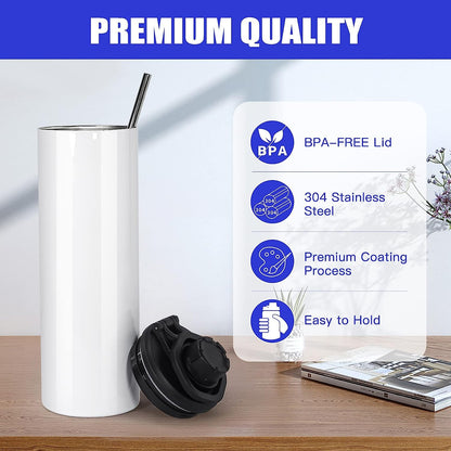 FECBK 30 Pack Sublimation Water Bottle Blanks 20 oz Sublimation Sports Water Bottle with Handle Stainless Steel Sublimation Tumbler Blanks with Lids and Straws, Individually Box, White, DIY Gift