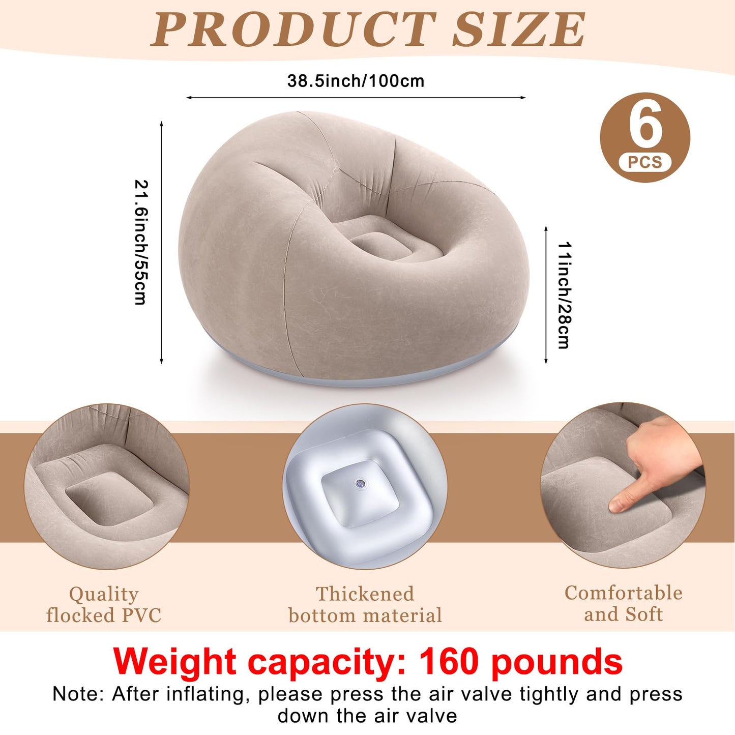 Huwena 12 Pcs Bean Bag Chair Set Include 6 Inflatable Bean Bag Chairs Blow up Sofa 6 Throw Blankets with Air Pump Inflatable Couch Lazy Sofas for Movie Night Camping Outdoor (Coffee)