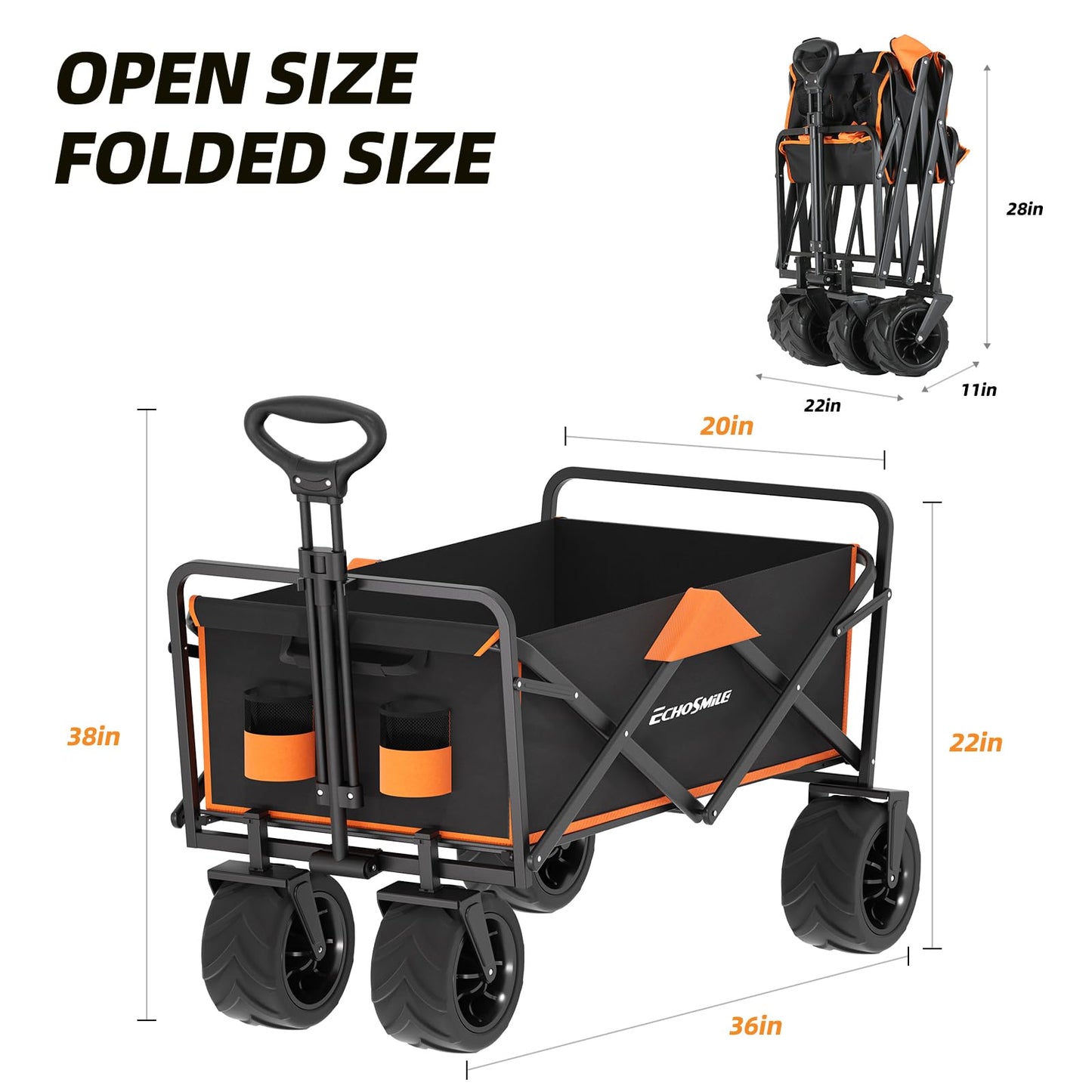 EchoSmile Heavy Duty 350 Lbs Capacity Collapsible Wagon, Outdoor Folding Camping Grocery Portable Utility Cart, Adjustable Rolling Carts, All Terrain Beach Wagon with Big Wheels (Black&Orange-Arrow)