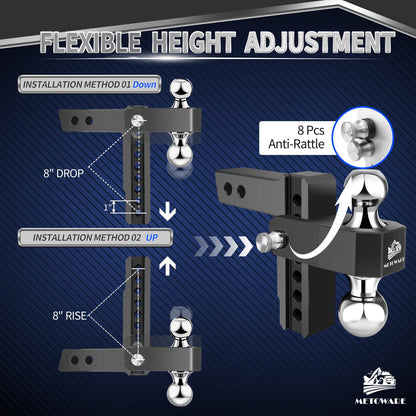 METOWARE Adjustable Drop Hitch - Aluminum Tow Hitch Fits 2-Inch Receiver - Heavy Duty Trailer Hitch with 8-Inch Drop/Rise for Truck (12,500 LBS GTW), Double Anti-Theft Stainless Steel Pin Locks(Black)