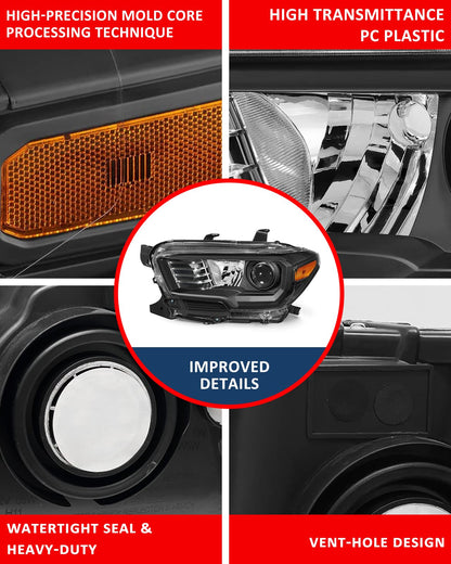 ADCARLIGHTS 2016-2023 Toyota Tacoma Headlight Assembly, Black Housing Amber Reflector IP65 Waterproof Dustproof Fits Non-LED DRL Models Only Driver and Passenger Side (Bulbs Not Included)（W/O Bulbs）
