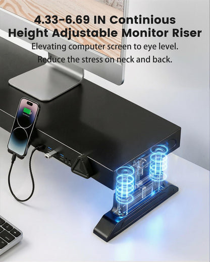 Furnny Height Adjustable Monitor Riser with 6-Port Hub – 37.6" Extra Wide Desk Stand for Dual Monitors, Continuous Height Adjustment 4.33–6.69" via Knob, USB-C Fast Charging, Carbon Steel Black