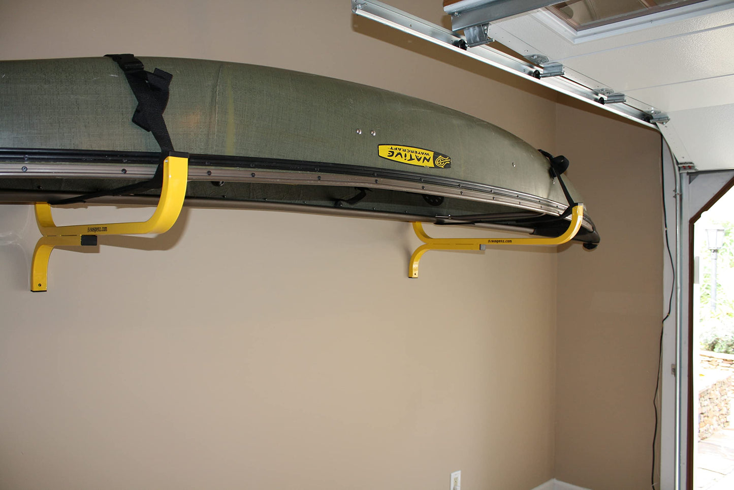 SUSPENZ Kayak Storage Rack, Flat Wall Hanger/Hook for Canoe, Kayak, SUP Storage, Indoor & Outdoor Use, Safety Straps, Holds 125 lbs (11-8801)