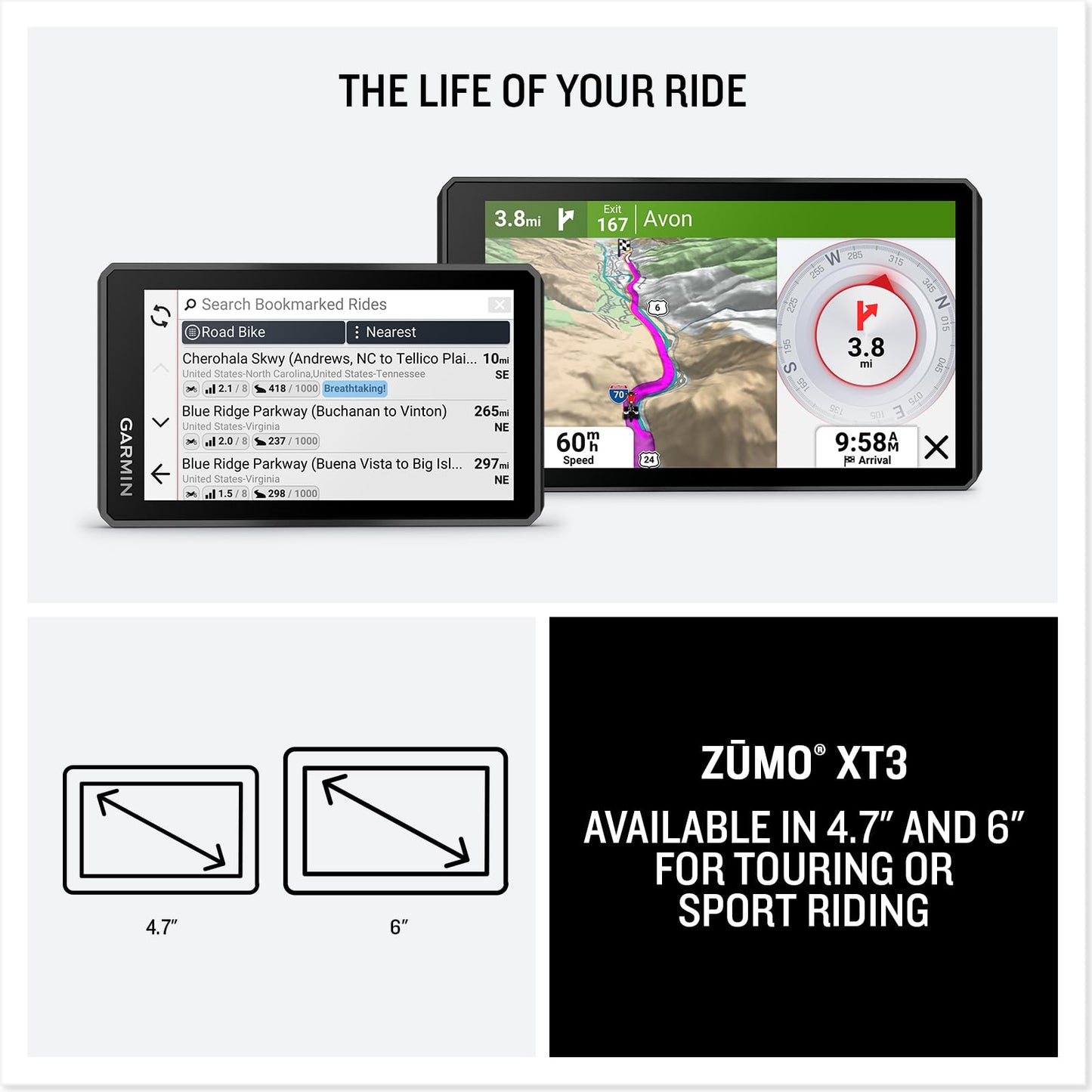 Garmin zūmo® XT3, 6” Rugged Motorcycle GPS, Lean Angles, Custom Route Planning, Adventurous Navigation, Group Rides, Garmin Performance Package Plan Option for Drag Racing Timer and Lap time Review