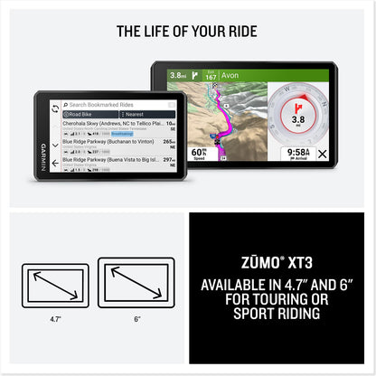Garmin zūmo® XT3, 6” Rugged Motorcycle GPS, Lean Angles, Custom Route Planning, Adventurous Navigation, Group Rides, Garmin Performance Package Plan Option for Drag Racing Timer and Lap time Review