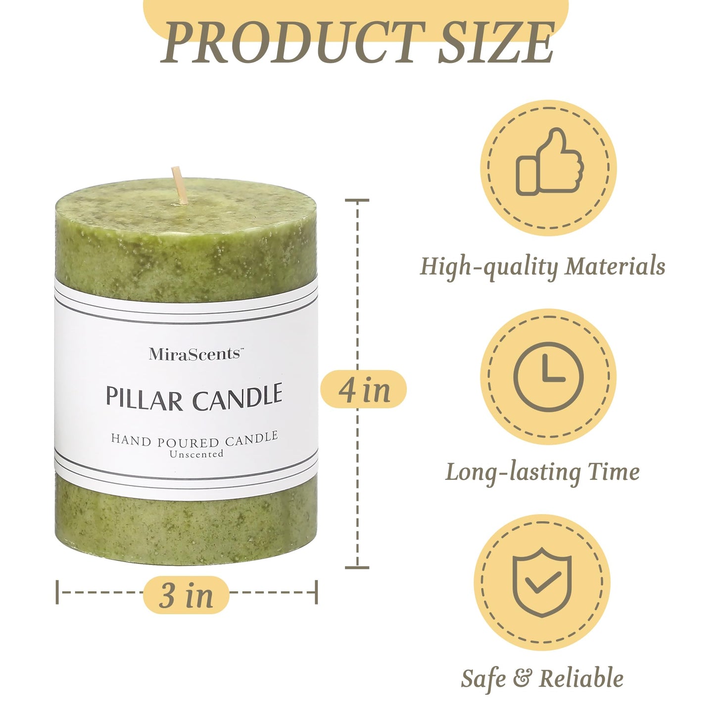 3x4 inch Green Pillar Candles Set of 3, Unscented Pillar Candle, Dripless and Smokeless Large Candles, Candle for Home Decor, Dinner Table,Weddings, Holidays